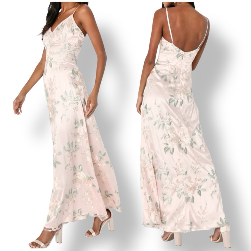 Lulus Romantic Simplicity Blush Pink Floral Embroidered Maxi Dress Nwt Size Xl